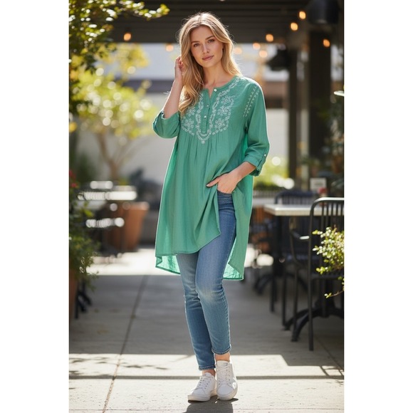 Natura Tops - Natura Womens XL Teal Green Cotton Embroidered Boho Tunic Henley Long Top